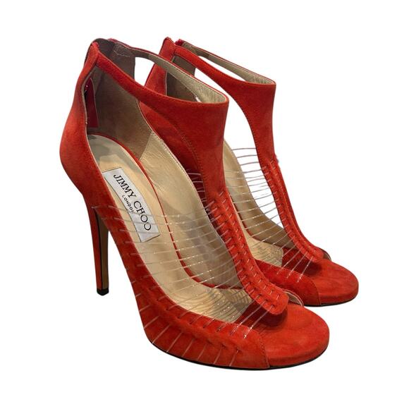 Jimmy Choo Orange Suede T-Strap Back Zip Open Toe Pumps Womens 37.5 / US 7.5 - Picture 1 of 9